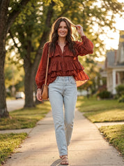 Romantic Boho Cotton Tiered-Ruffle Button-Front Rust Blouse