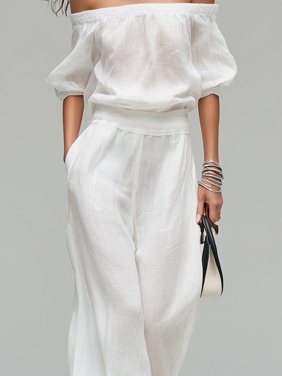White Off-the-shoulder Linen Blend Top And Wide-leg Pants Set