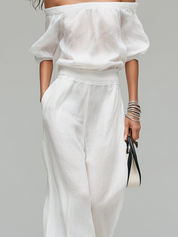 White Off-the-shoulder Linen Blend Top And Wide-leg Pants Set