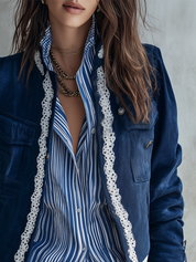 Bohemian Dark Blue Lace Trim Cropped Jacket