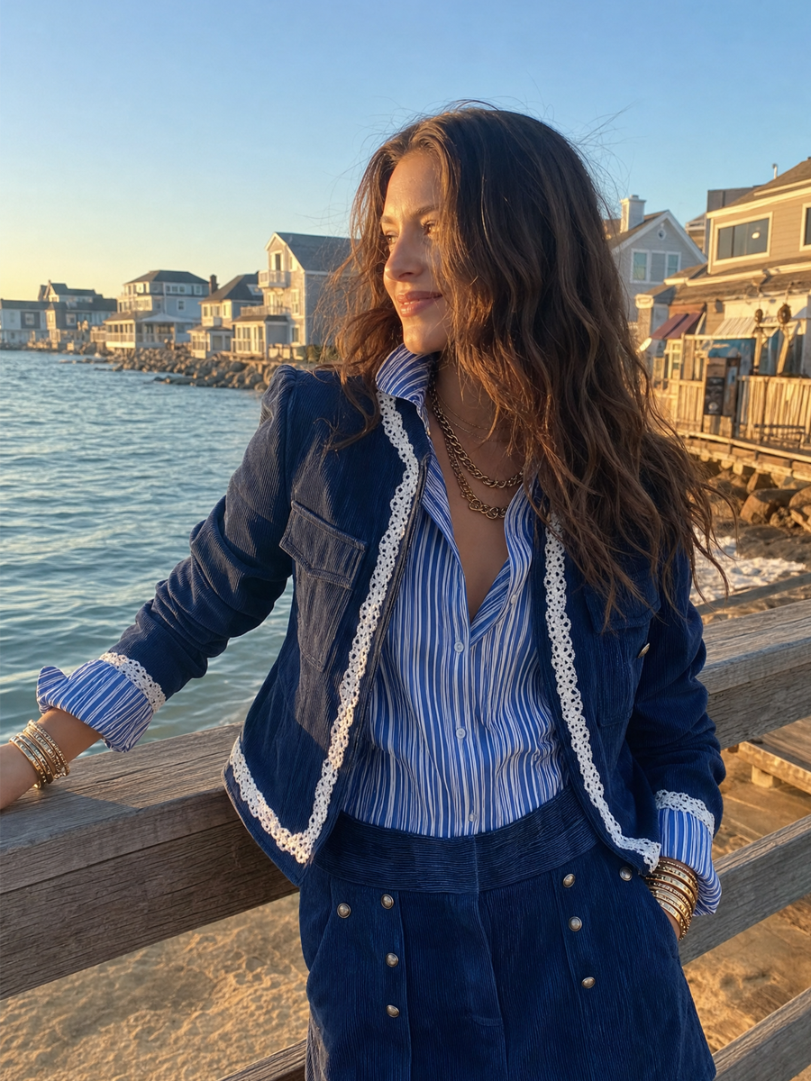 Bohemian Dark Blue Lace Trim Cropped Jacket