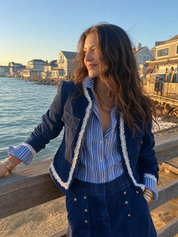 Bohemian Dark Blue Lace Trim Cropped Jacket