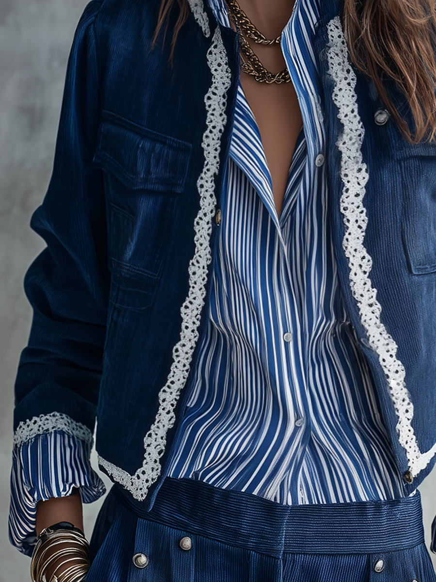 Bohemian Dark Blue Lace Trim Cropped Jacket