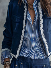 Bohemian Dark Blue Lace Trim Cropped Jacket