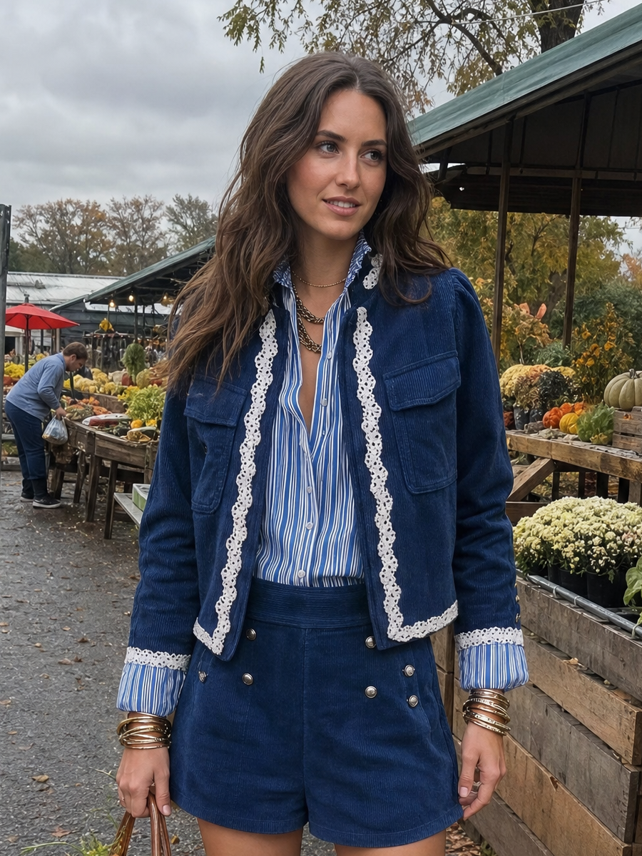 Bohemian Dark Blue Lace Trim Cropped Jacket
