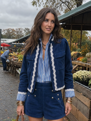 Bohemian Dark Blue Lace Trim Cropped Jacket