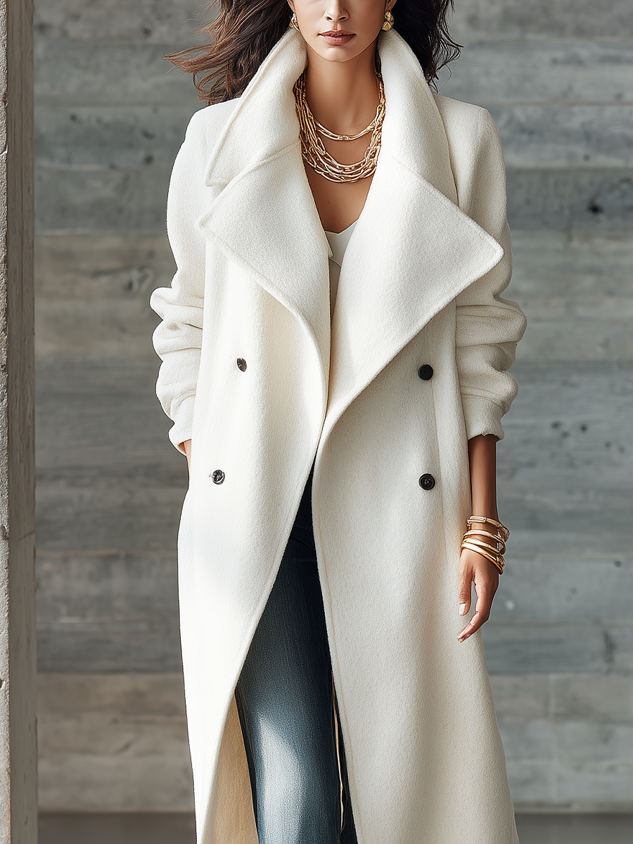 Elegant Ivory Oversized Lapel Maxi Coat