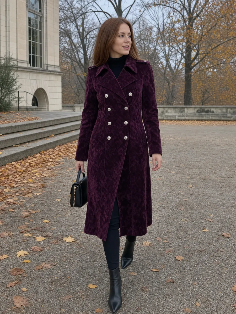 Vintage Burgundy Suede Double Breasted Long Trench Coat