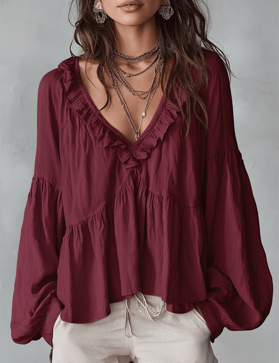 Airy Vintage-Inspired Ruffle Soft Ruffle Bohemian Blouse