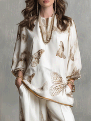 Quiet Luxury Silky Butterfly-Print Drop-Shoulder Tunic & Palazzo Cream Co-Ord Set