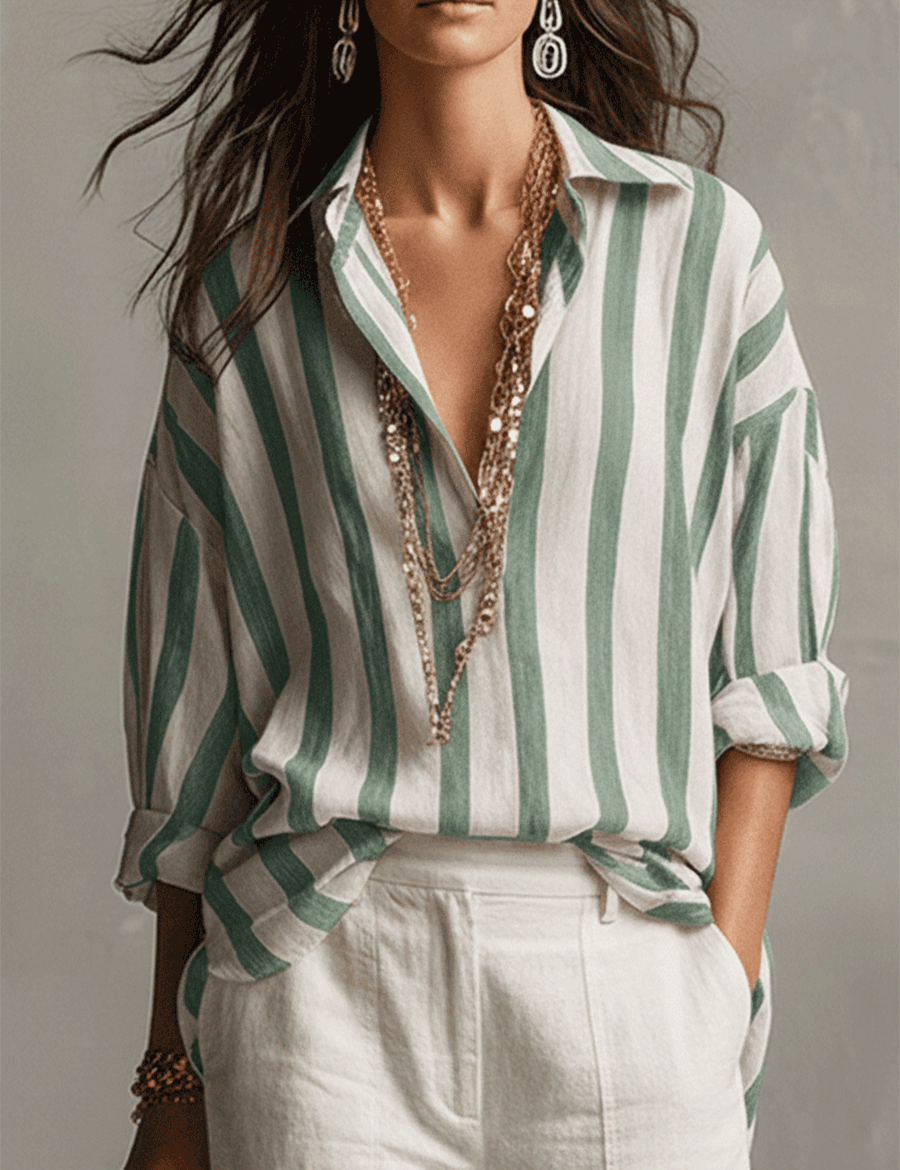 Casual Striped Cotton And Linen Long-Sleeved Shirt