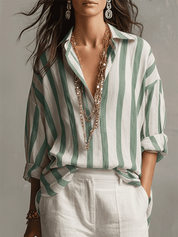 Casual Striped Cotton And Linen Long-Sleeved Shirt