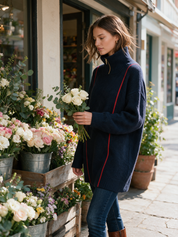 Half-Zip Turtleneck Contrast Stripe Oversized Sweater Dress