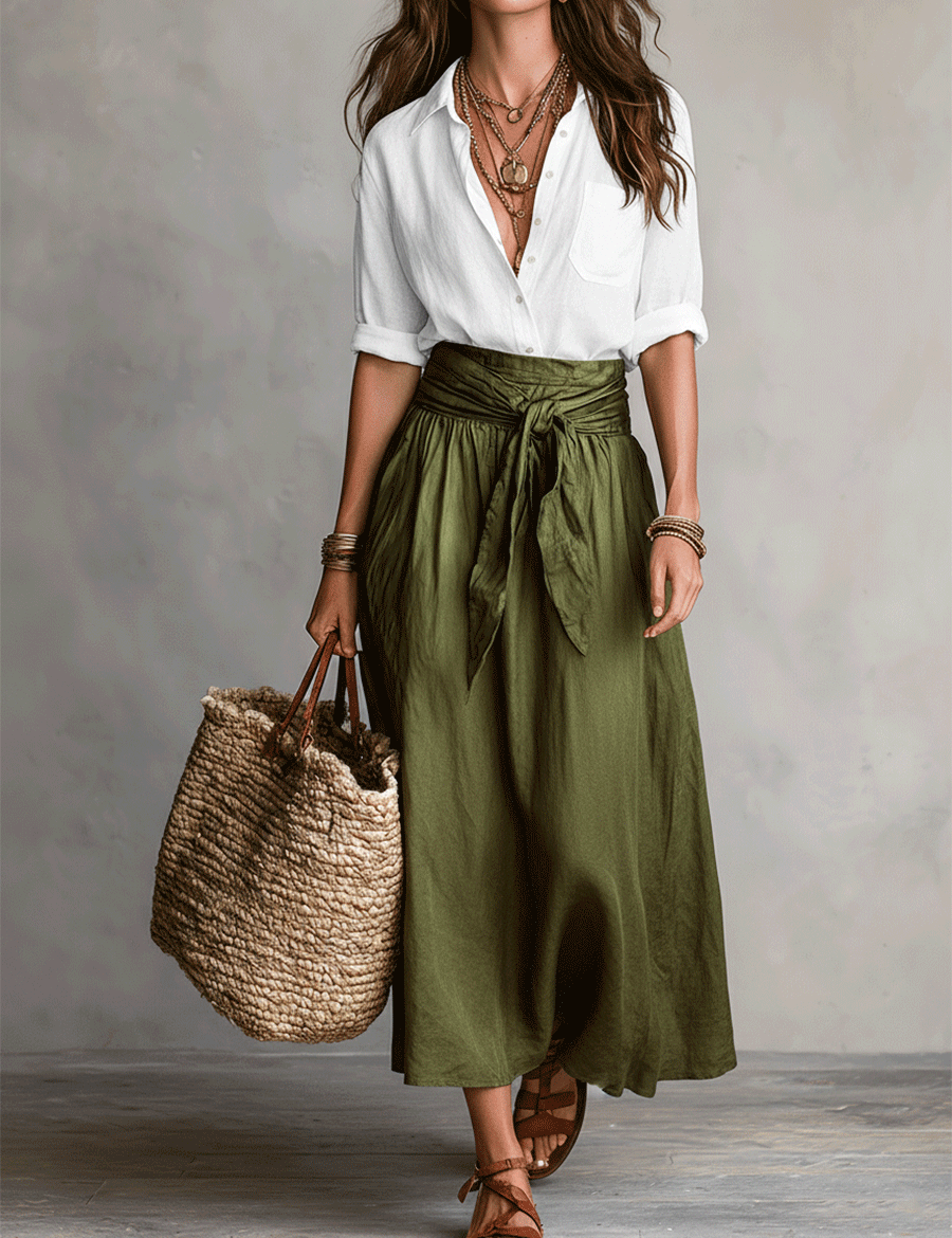 Effortless Boho Black Blouse & Olive Satin Midi Skirt Set