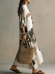 Boho Abstract Print Button-Front Relaxed Fit Maxi Dress