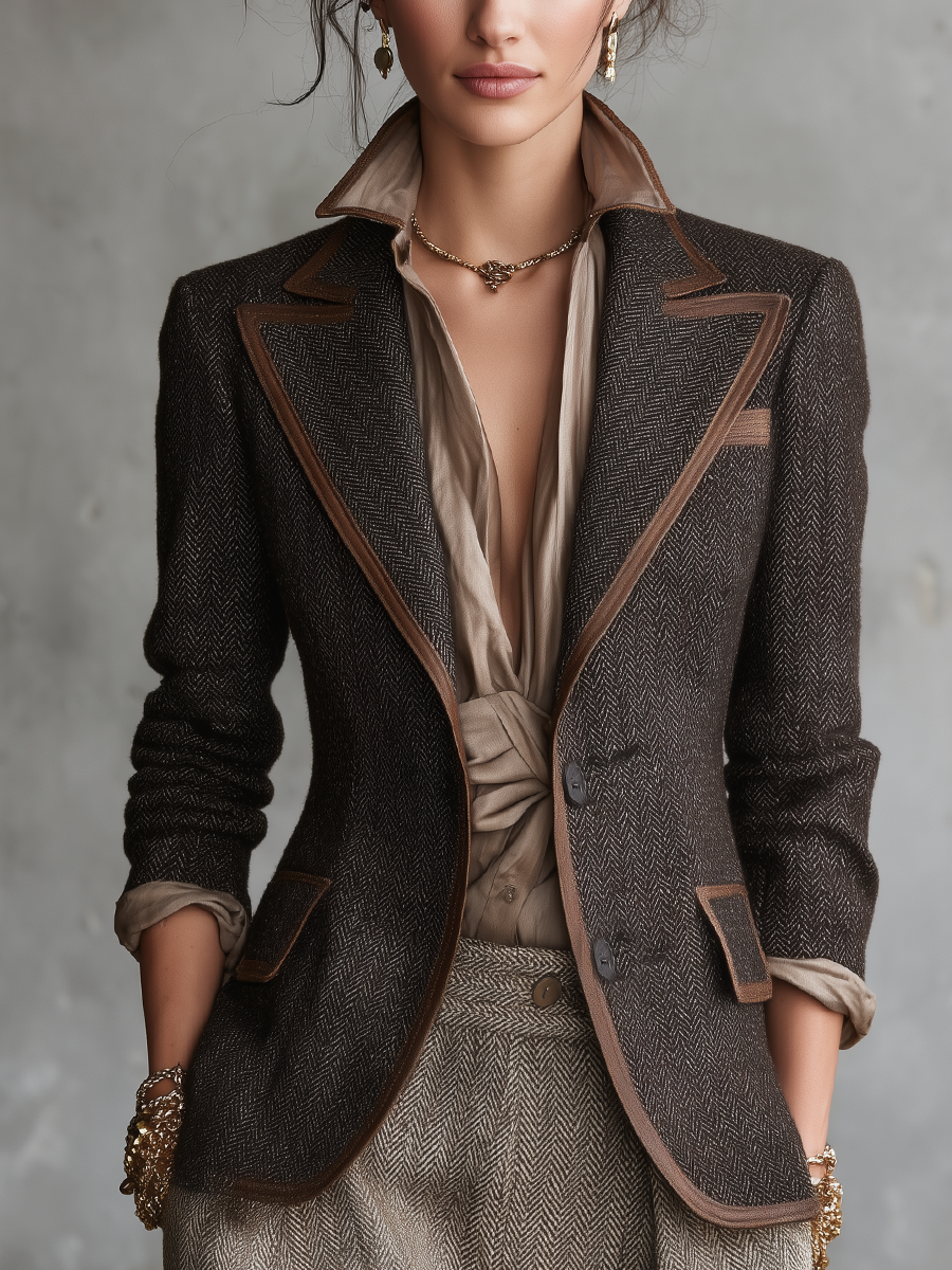 Brown Herringbone Contrast-Trim Tailored Blazer