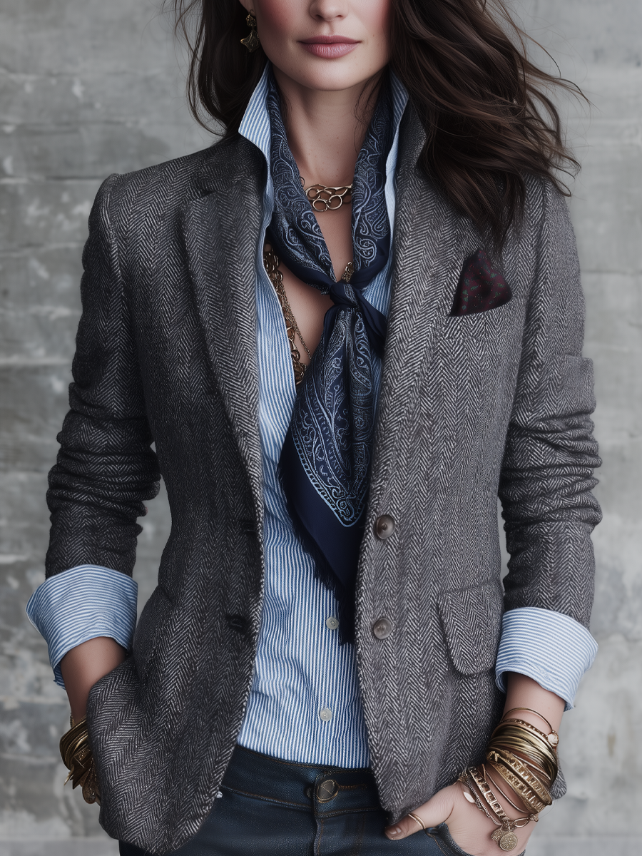 Retro Gray Herringbone Suit Jacket