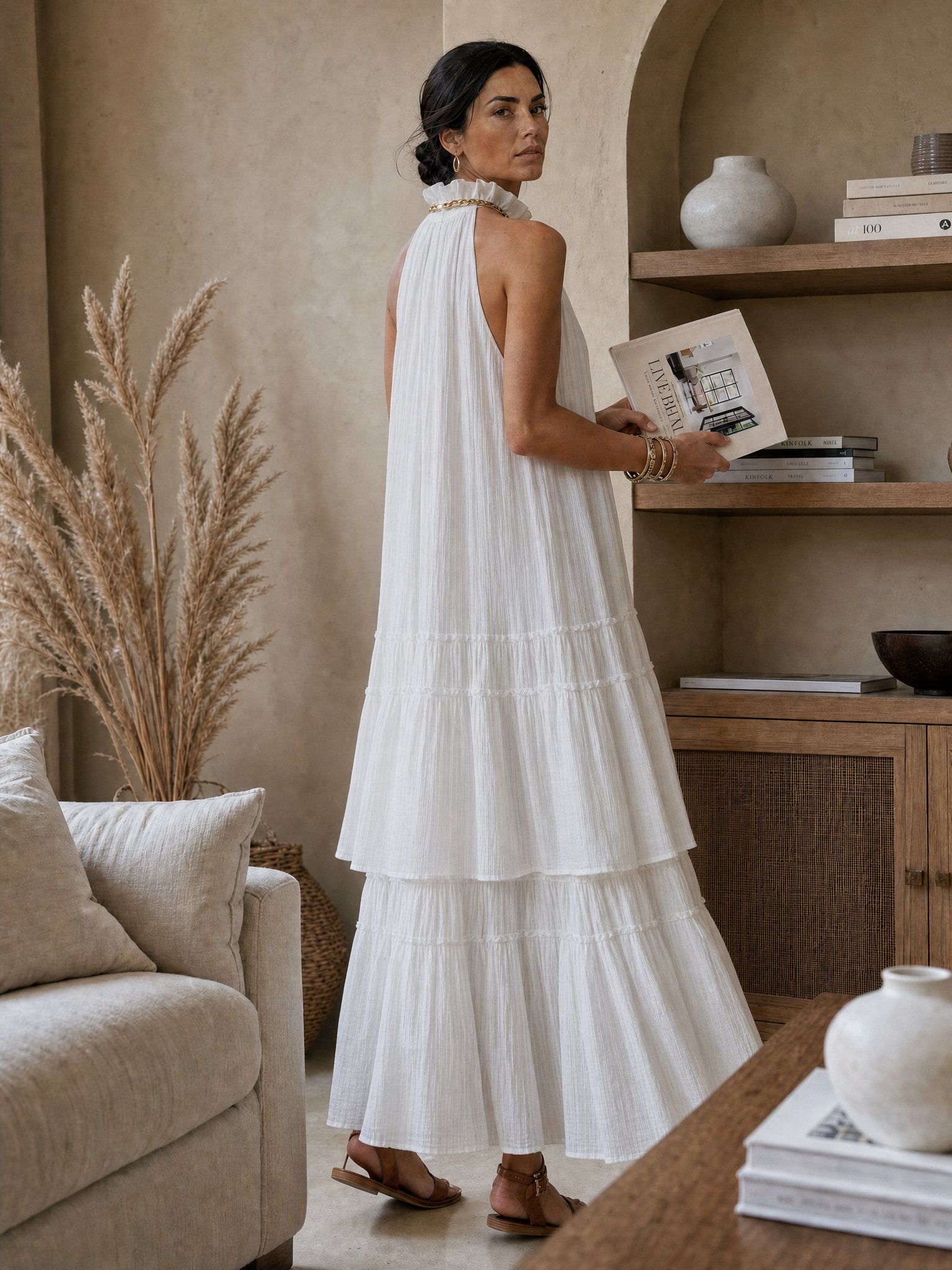 Airy High-Neck Tiered Bohemian Maxi Dress