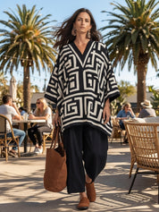 Artisan Cotton Blend Oversized-Fit Monochrome Pattern Poncho Blouse And Pant Set