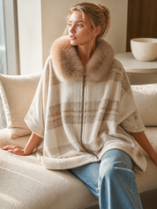 Relaxed Beige Plaid Detachable Faux-Fur Collar Cape Jacket