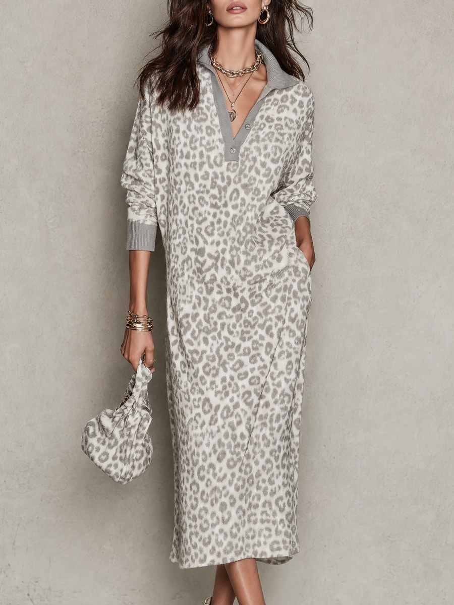 Light Gray Knitted Leopard Print Polo Collar Maxi Dress