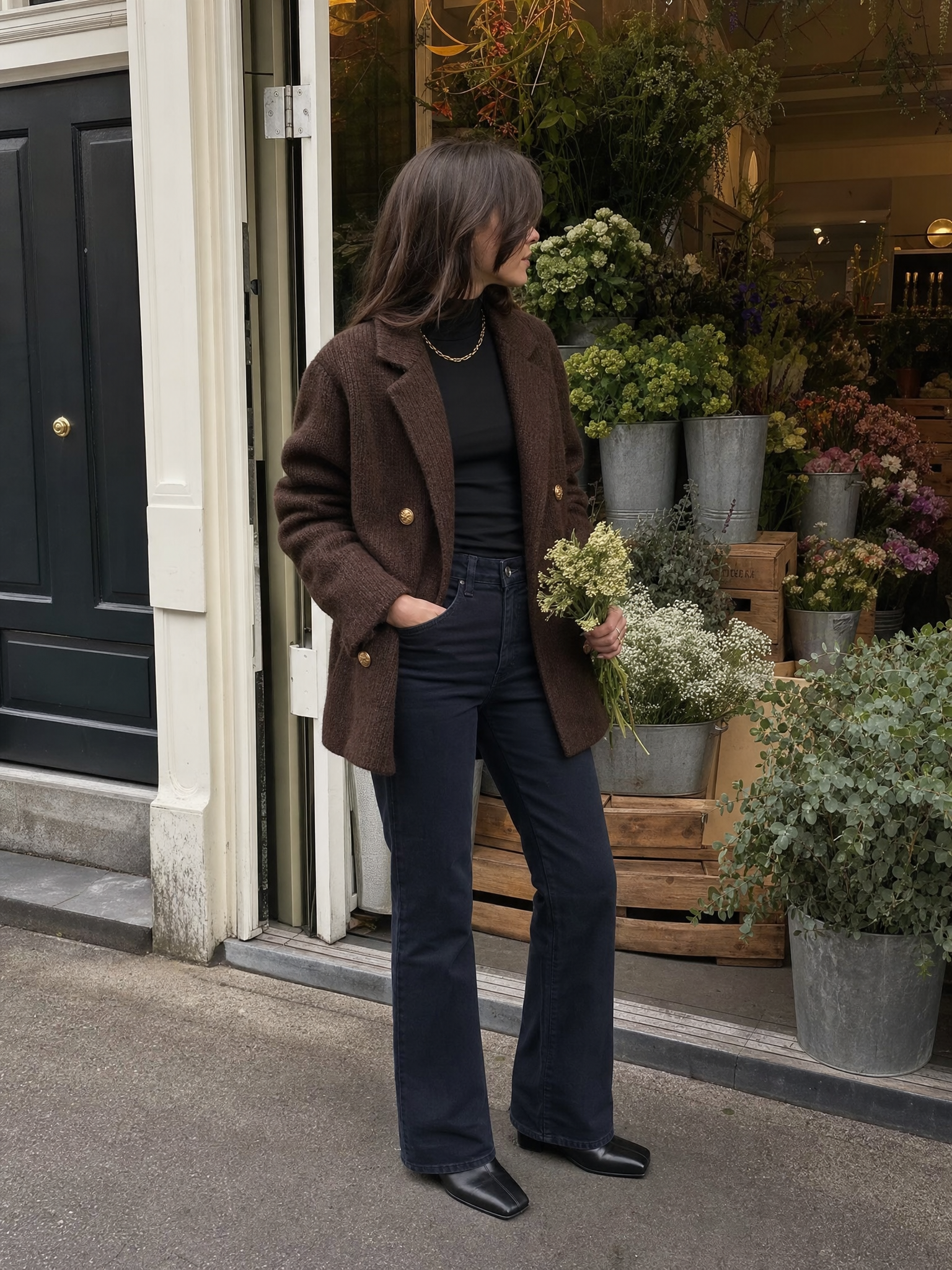 Women's Double-Breasted Knit Blazer with Gold Buttons