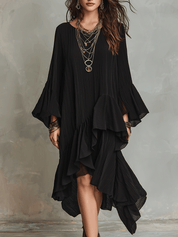 Elegant Asymmetric Ruffle Black Boho Midi Dress