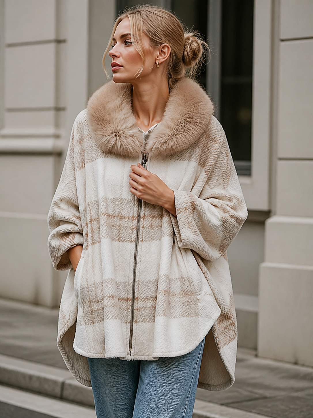 Relaxed Beige Plaid Detachable Faux-Fur Collar Cape Jacket