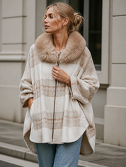 Relaxed Beige Plaid Detachable Faux-Fur Collar Cape Jacket