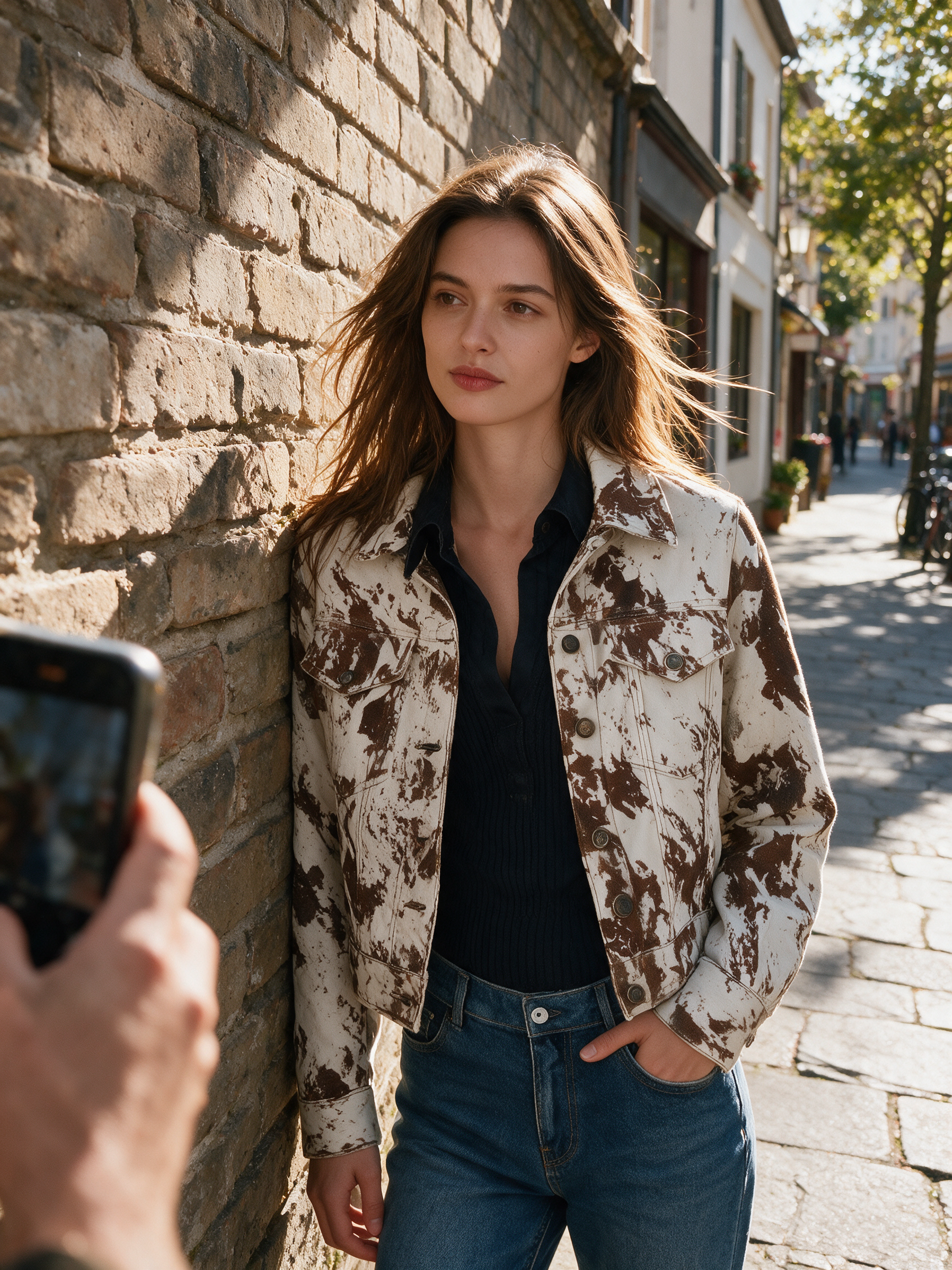Vintage Ivory Brown Printed Denim Jacket