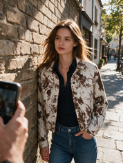 Vintage Ivory Brown Printed Denim Jacket