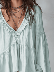 Soft Boho Ruffled V-Neck Relaxed Blouse