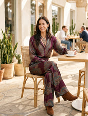 Paisley Print Satin Long Sleeve Shirt & Wide Leg Pants Set