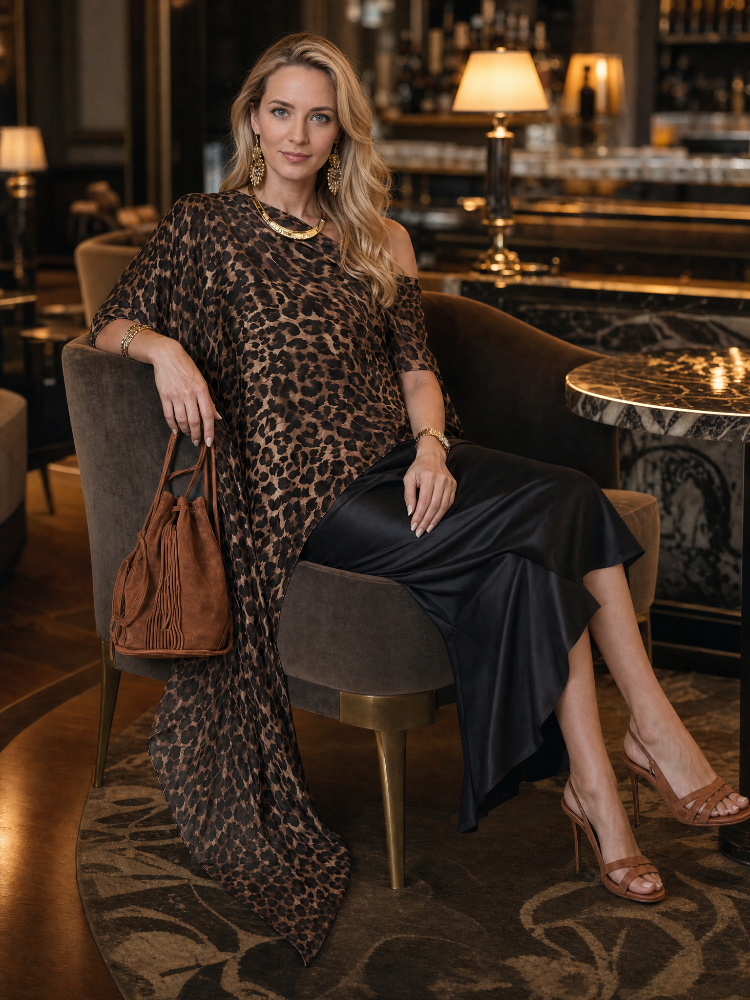 Glam Boho Leopard Chiffon Cape Top & Black Satin Maxi Skirt Set