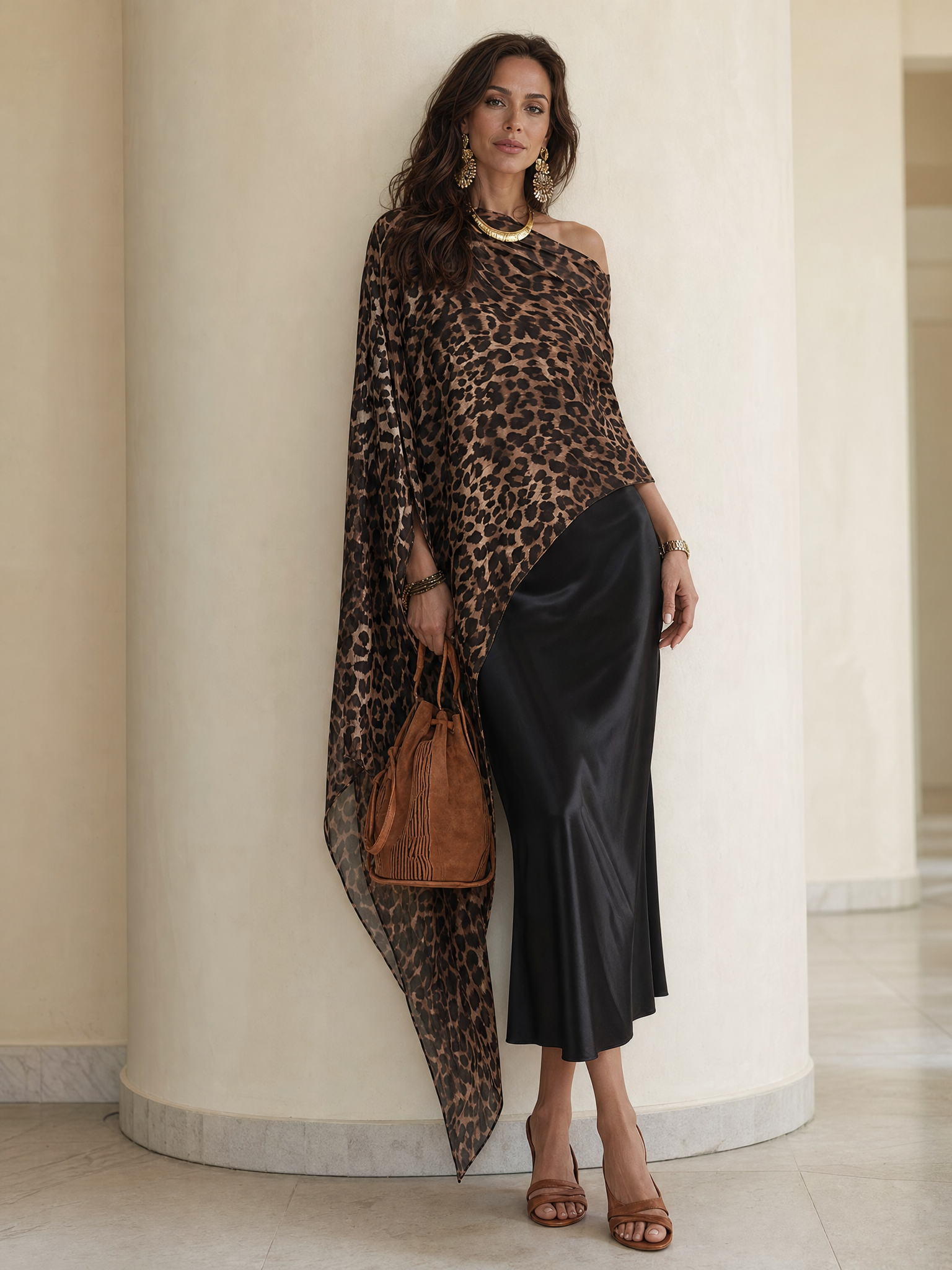 Glam Boho Leopard Chiffon Cape Top & Black Satin Maxi Skirt Set
