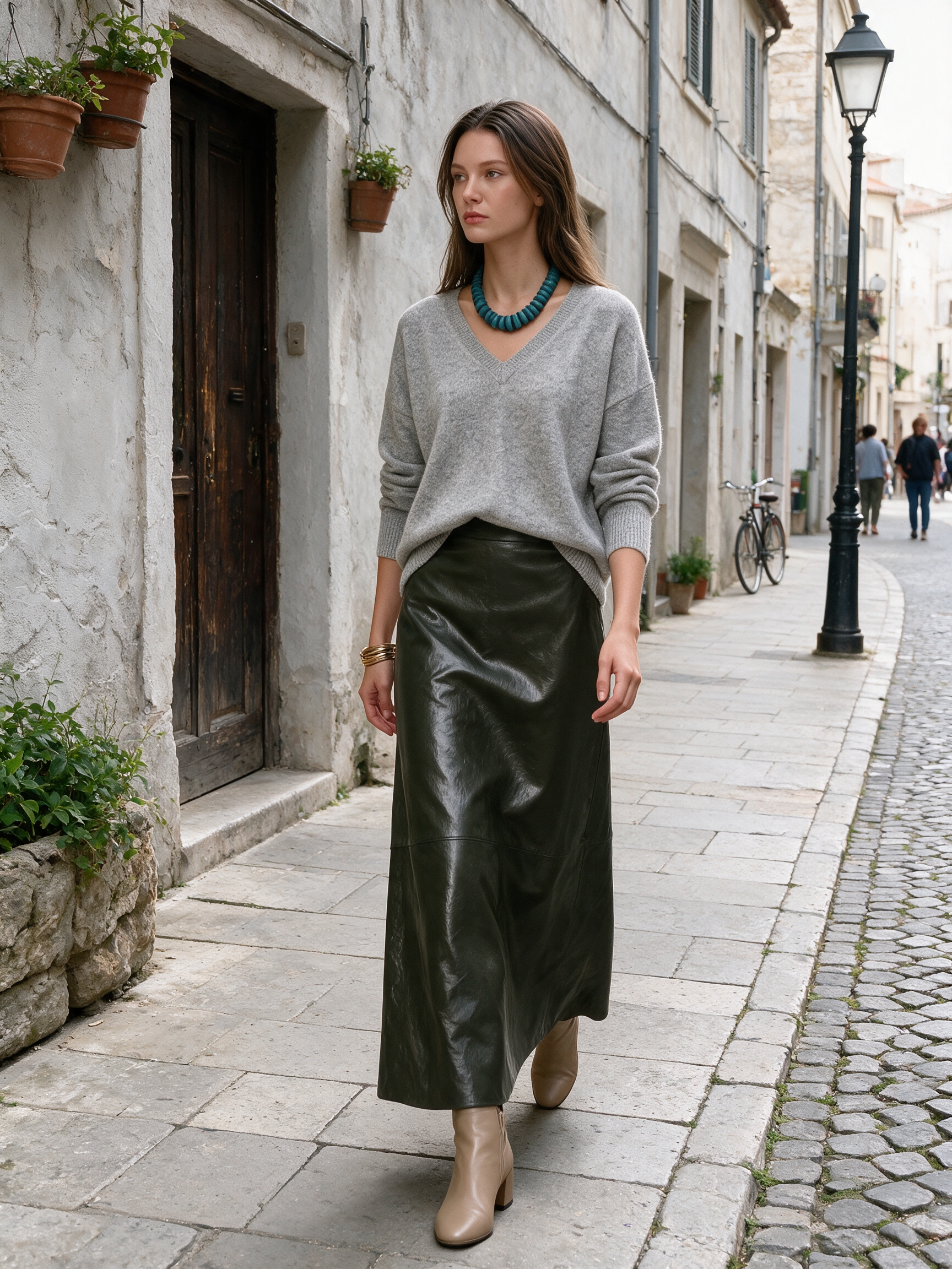 Ffortless Grey V-Neck Sweater & Olive Maxi Skirt Set