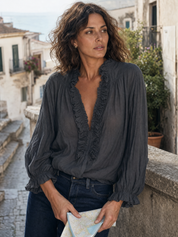 Sheer Ruffle V-Neck Bohemian Blouse