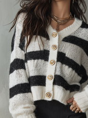Chic Ivory Black Fuzzy Knit Gold-Button Cardigan