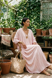 Bohemian-style Soft Pink Striped Kaftan Dress