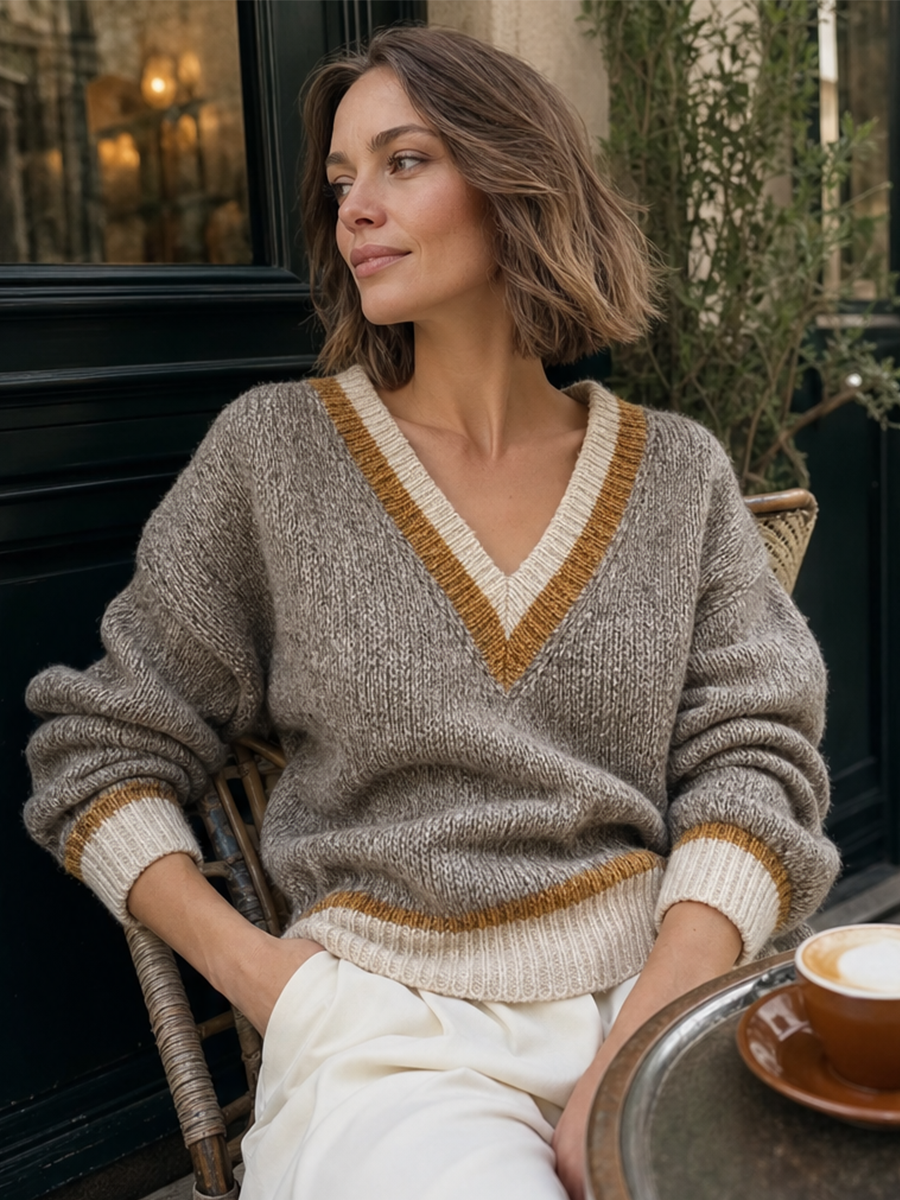 Quiet Luxe Contrast Trim V-Neck Knit Sweater Top