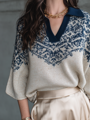 Ivory Blue Jacquard Knit Polo Collar Sweater
