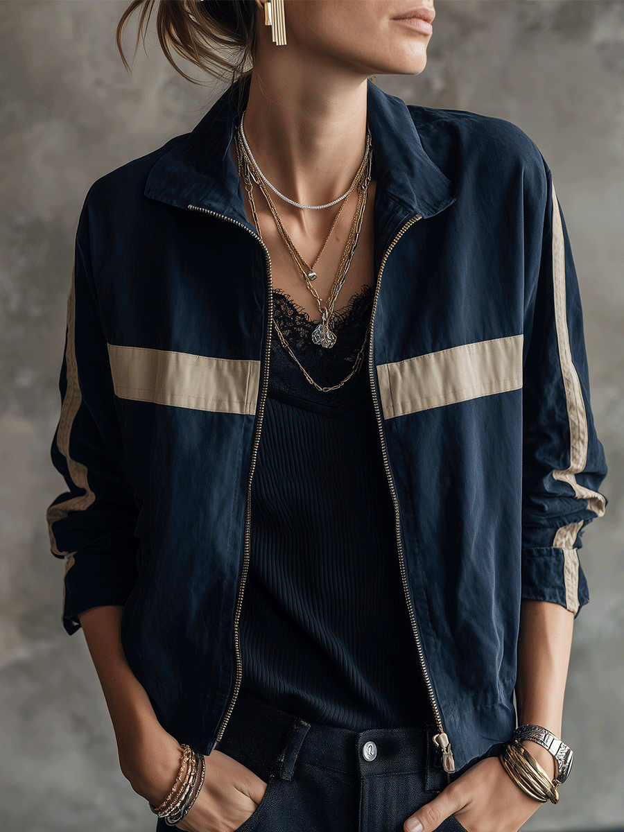 Women's Colorblock Zip-Up Striped Sleeve Detail Jacket