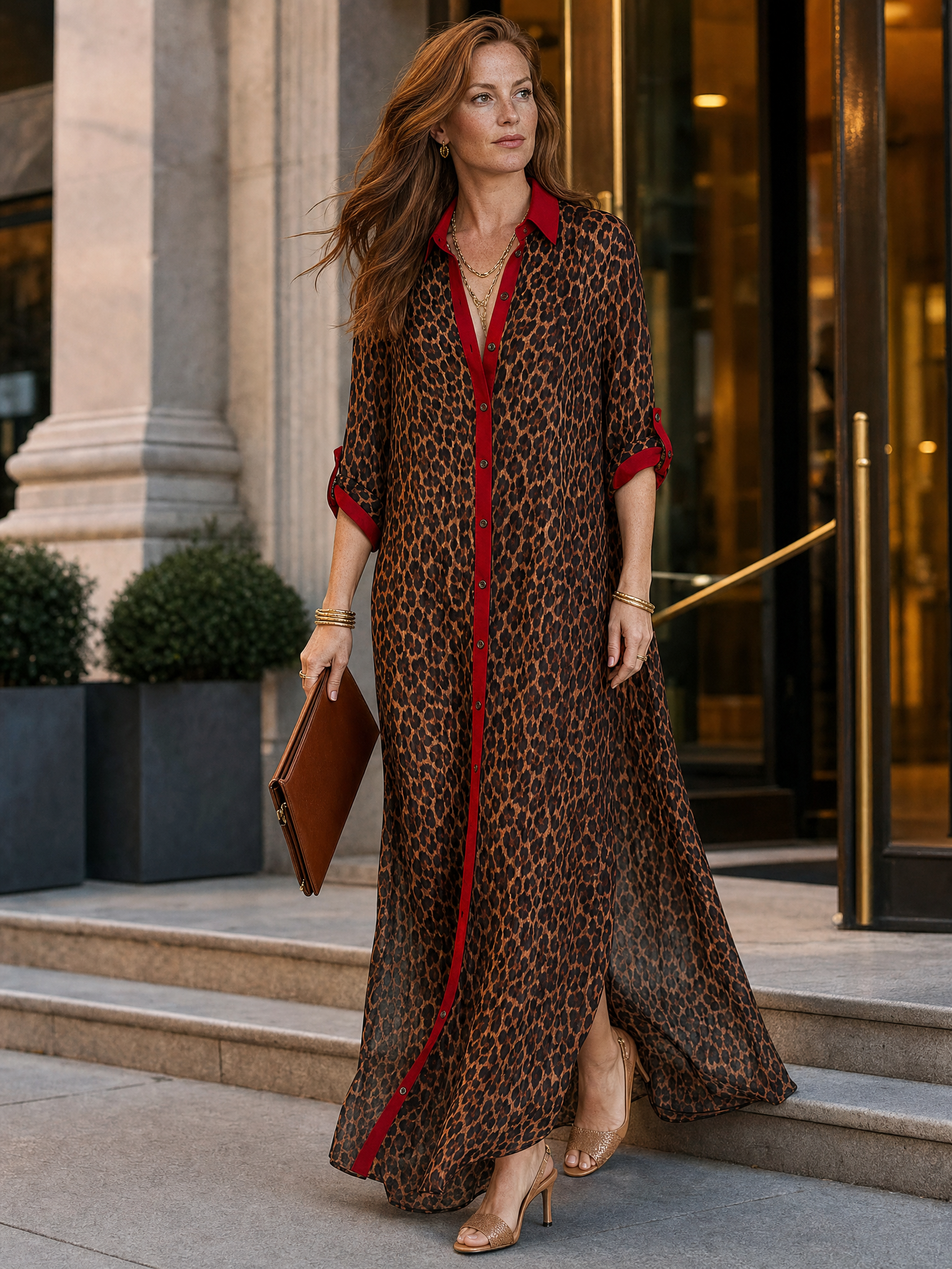 Effortless Glam Sheer Leopard Deep-V Belted Brown Shirt Maxi Dress – GINARIEL