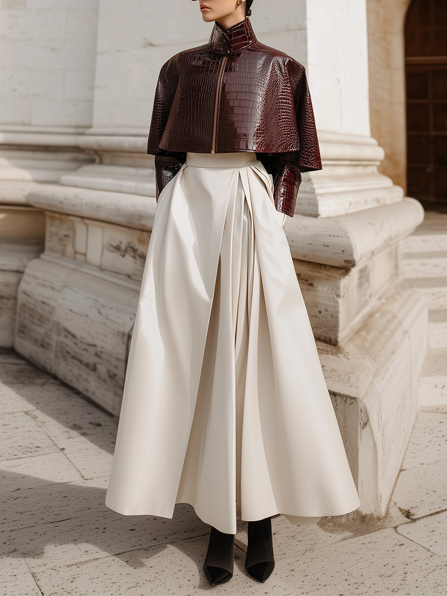 Deconstructed Waist Pleated Side Pockets Midi Skirt With Zip Fastening