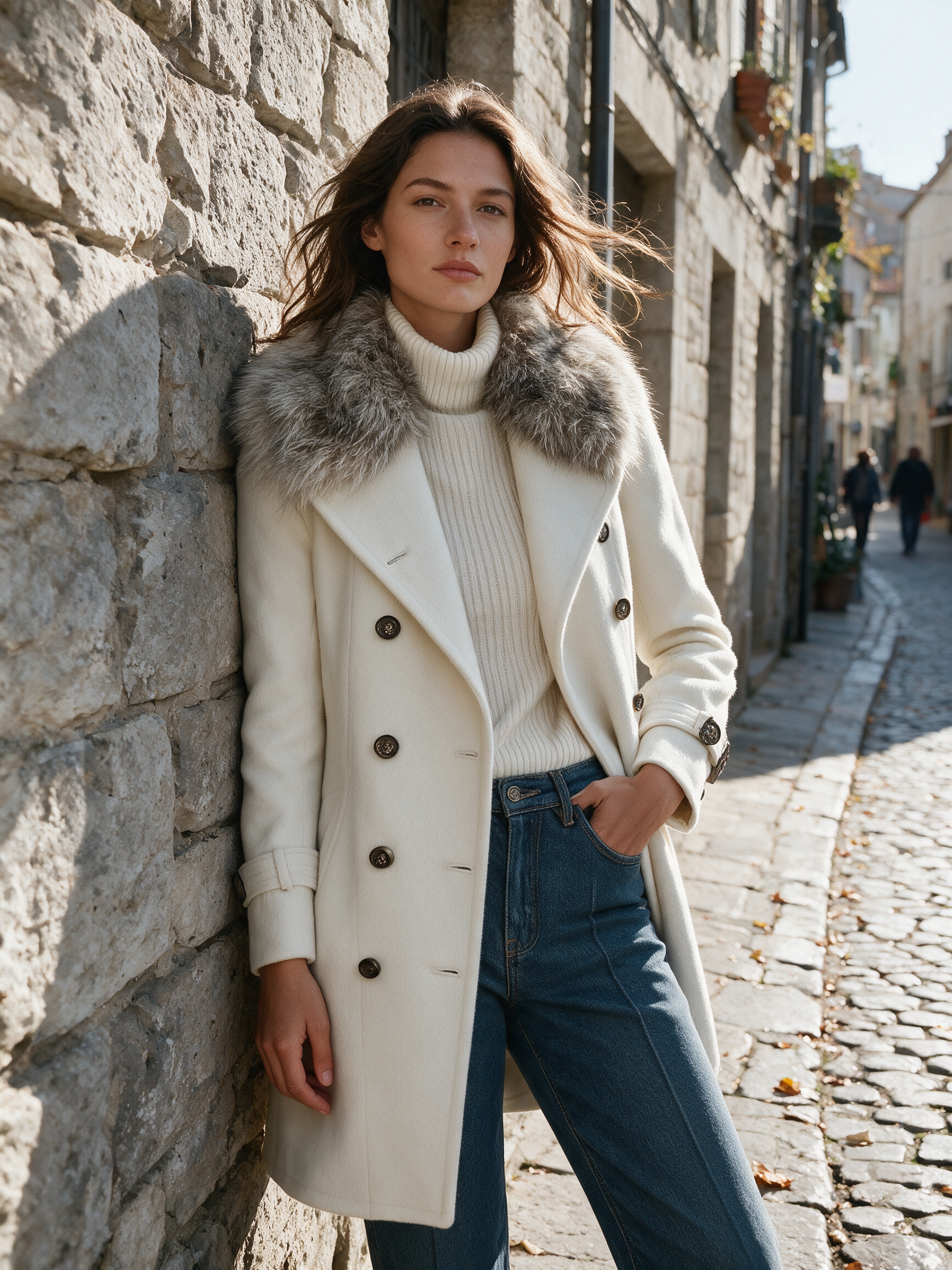 Quiet And Luxurious Double-Breasted With Detachable Fur Collar Coat