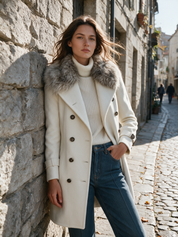 Quiet And Luxurious Double-Breasted With Detachable Fur Collar Coat