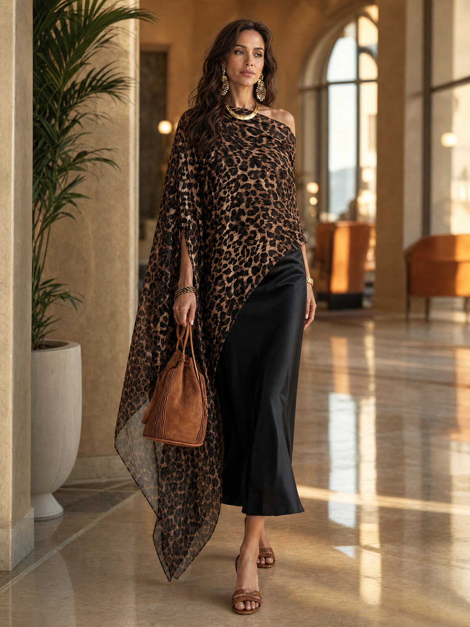 Glam Boho Leopard Chiffon Cape Top & Black Satin Maxi Skirt Set