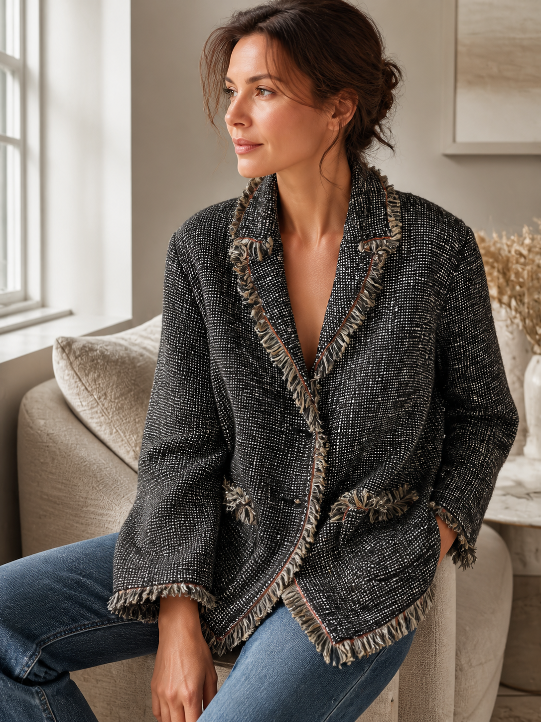 Effortless Luxe Textured Fringe Blazer Jacket