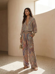 Exquisite paisley print wide leg pantsuit