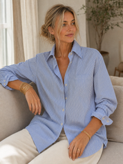 Parisian Chic Blue Striped Button Down Shirt Top